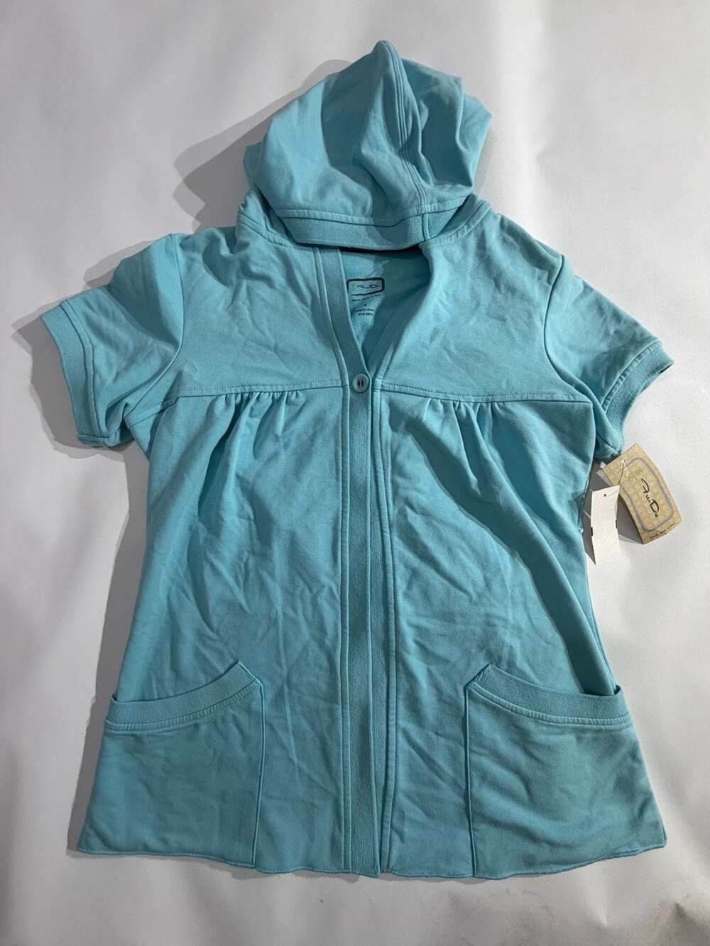 Fu-Da Light Blue Short Sleeve Hooded Cardigan Sweater NWT Womens M